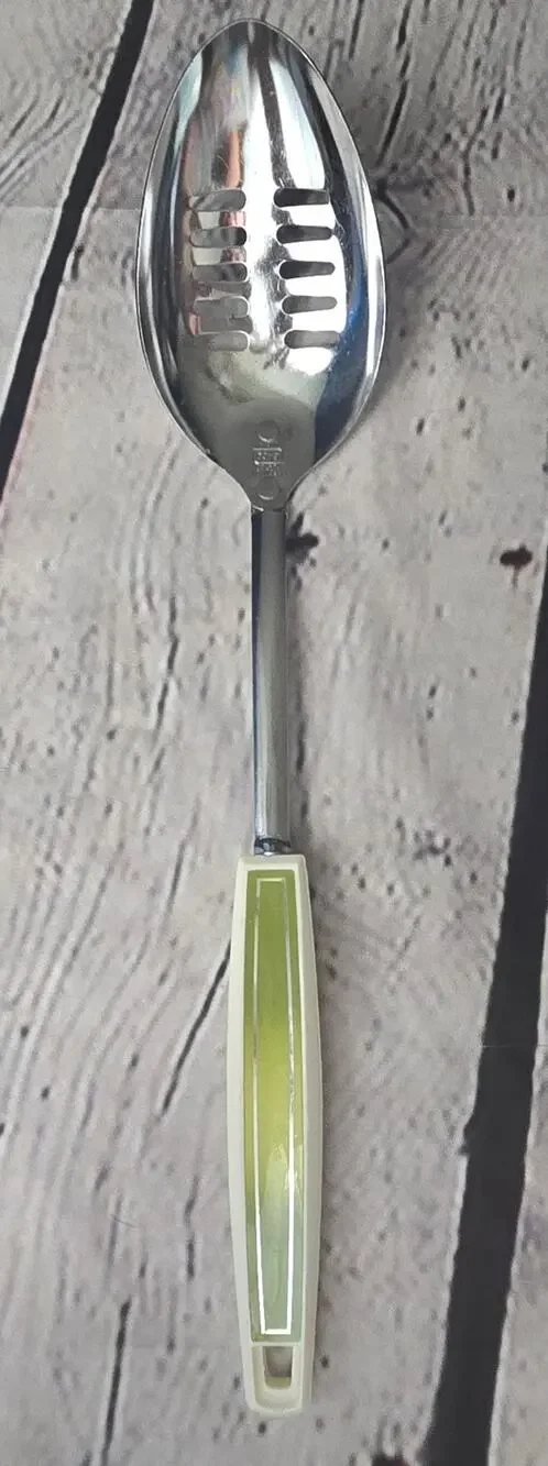 Vintage EKCO USA Slotted Chromium Plated Cooking Spoon 70's Avocado Green Handle